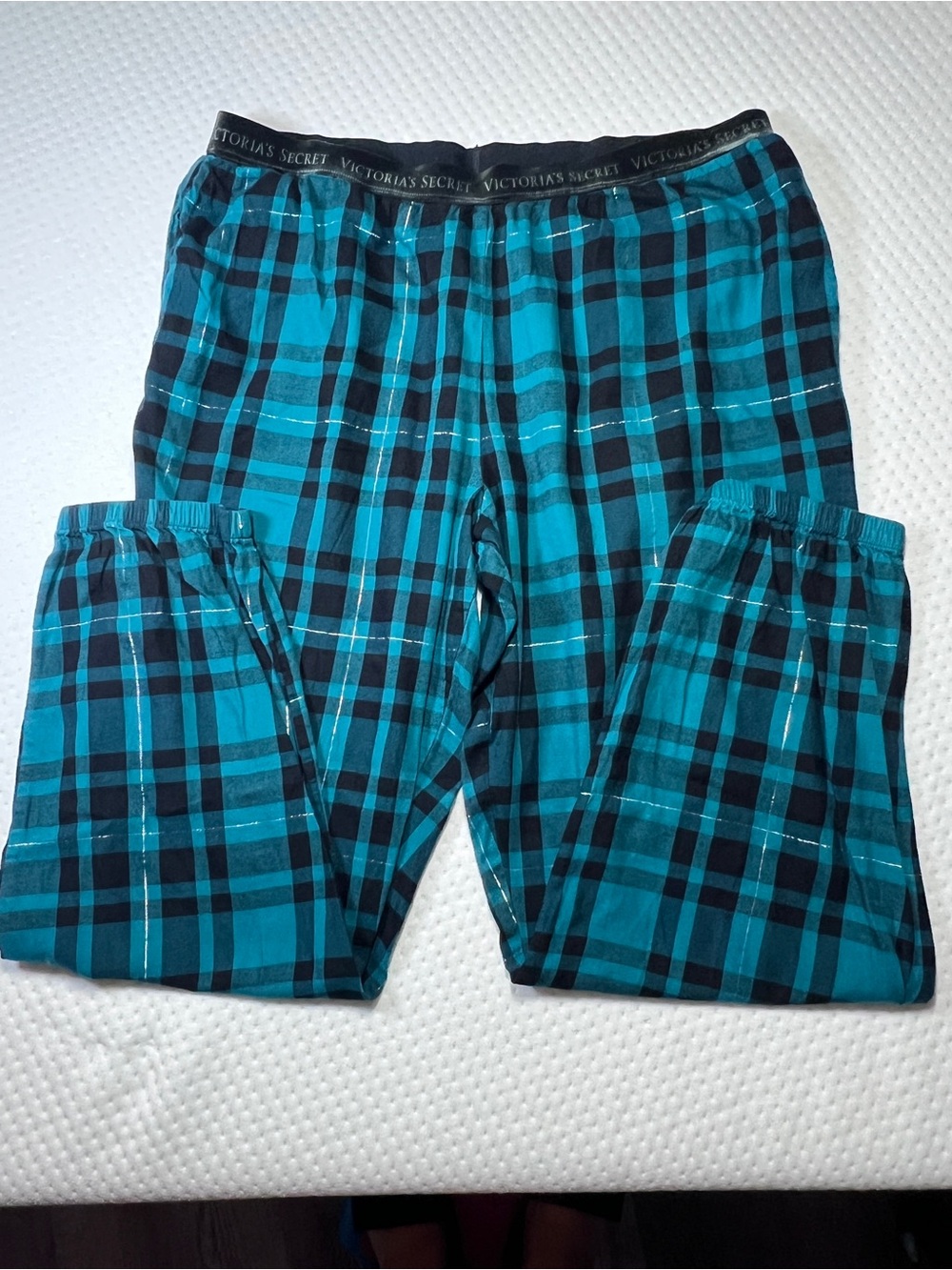 Victoria Secret Sz L Pajama Pants Plaid Teal/ Black/Silver Velvet Waistband Cozy